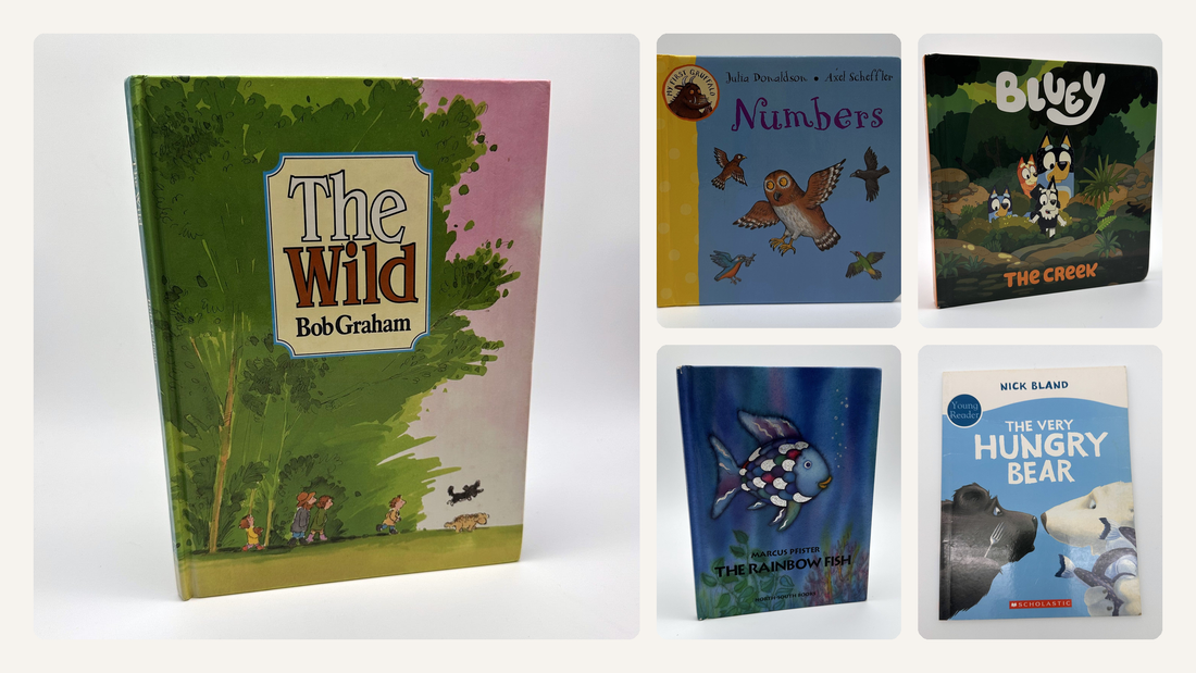 Preloved picture books: The Wild by Bob Graham, My First Gruffalo Numbers, Bluey The Creek, The Rainbow Fish and The Very Hungry Bear