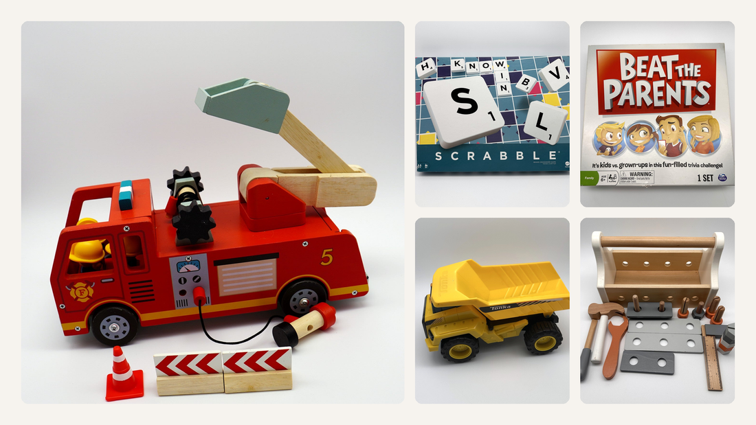 Preloved Father's Day toys: Tender Leaf wooden fire engine, Scrabble, Beat the Parents, Tonka dump truck and a wooden tool box